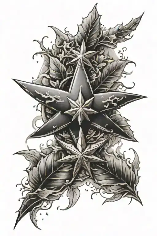 Shuriken Roppo, with dark clouds above, adorned by natural Japanese-style leaves tattoo design idea