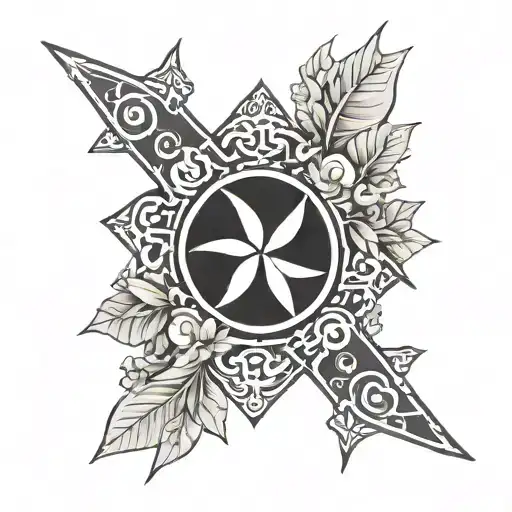 Shuriken, with dark clouds above, adorned by natural Japanese-style leaves tattoo design idea