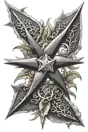 Shuriken Roppo 6 edges, with dark clouds above, adorned by natural Japanese-style leaves tattoo design idea