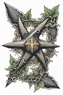 Shuriken Roppo 6 edges, with dark clouds above, adorned by natural Japanese-style leaves tattoo design idea