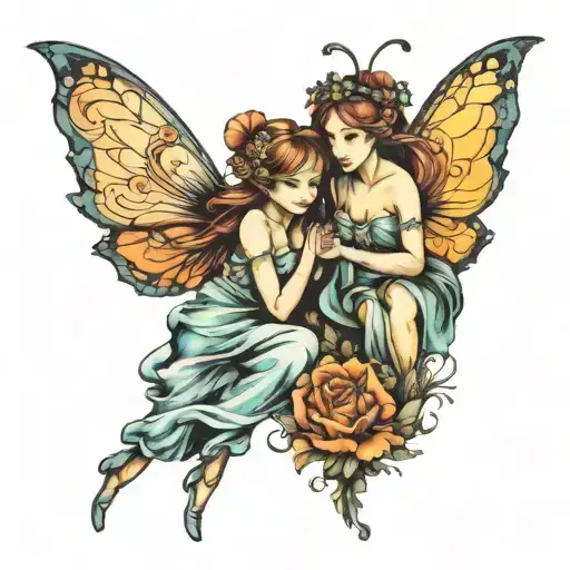 2 fairies in gradient color tattoo design idea