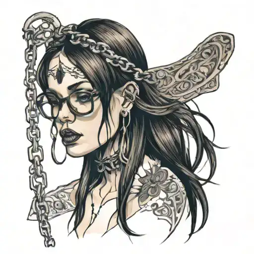 skinny nude girl, glasses, long straight brown hair, ecstatic, eyes closed, open mouth, chains broken, aces of spades tattoo design idea