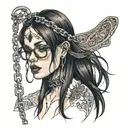 skinny nude girl, glasses, long straight brown hair, ecstatic, eyes closed, open mouth, chains broken, aces of spades tattoo design idea