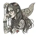 skinny nude girl, glasses, long straight brown hair, ecstatic, eyes closed, open mouth, chains broken, aces of spades tattoo design idea