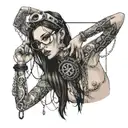 skinny nude girl, glasses, long straight brown hair, ecstatic, eyes closed, open mouth, chains broken, aces of spades tattoo design idea