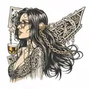 skinny nude girl, glasses, long straight brown hair, ecstatic, eyes closed, open mouth, chains broken, aces of spades tattoo design idea