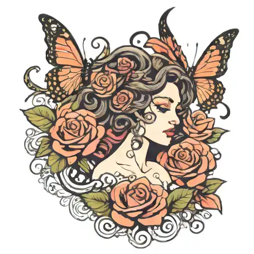medusa with butterflies and roses tattoo design idea