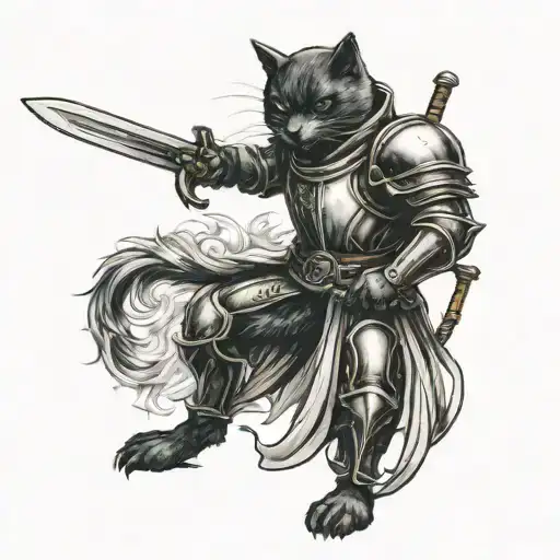 black cat dressed as a medieval knight holding a sword tattoo design idea