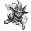black cat dressed as a witch holding a cat tattoo design idea
