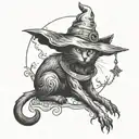 black cat dressed as a witch holding a cat tattoo design idea