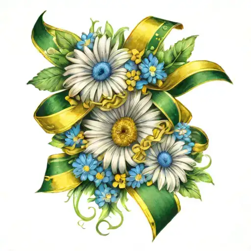 Green and yellow awarness ribbon with Daisy's and forget me nots surrounding it  tattoo design idea