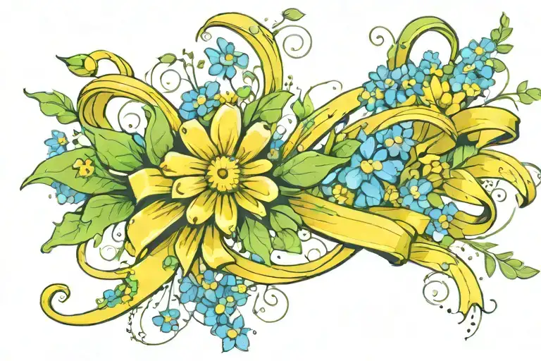 Yellow and green ribbon with forget me nots and Daisy's surrounding it  tattoo design idea