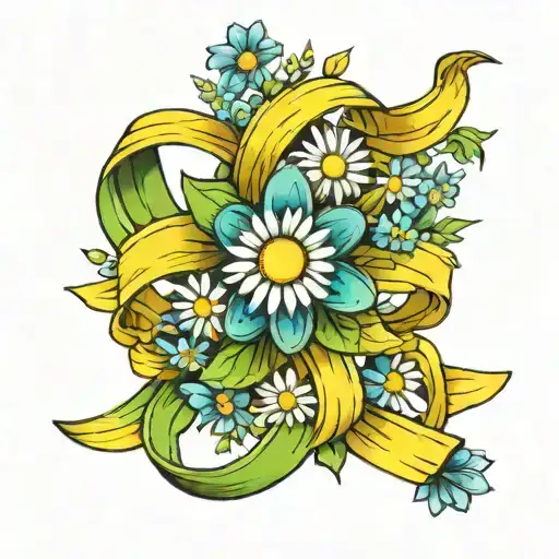 Green and yellow awarness ribbon with Daisy's and forget me nots surrounding it  tattoo design idea