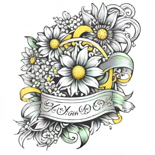 Green and yellow awarness ribbon with Daisy's and forget me nots surrounding it  tattoo design idea