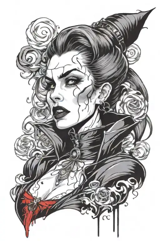 vampire dracula women,casel but in background, smoke in air anime look ,blood drops from tith tattoo design idea