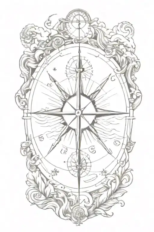  **"Not all who wander are lost"** surrounded by a compass, rose, waves, mountains and travel icons. the flow together tattoo design idea