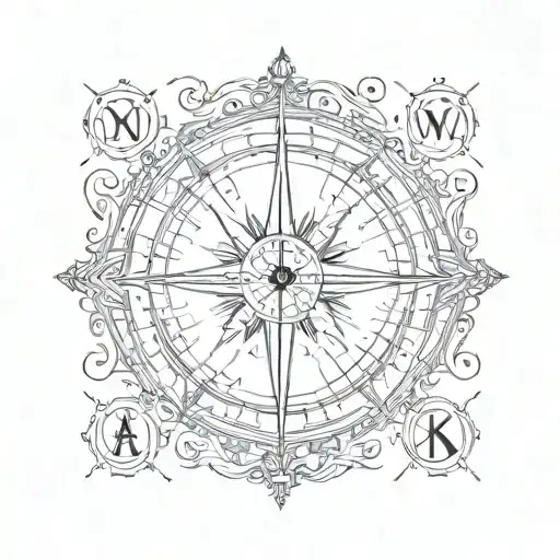  The quote;**"Not all who wander are lost"** surrounded by a compass, rose, waves, mountains and travel icons. tattoo design idea