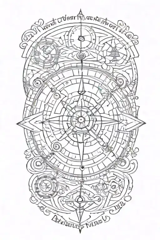  The quote;**"Not all who wander are lost"** surrounded by a compass, rose, waves, mountains and travel icons. tattoo design idea