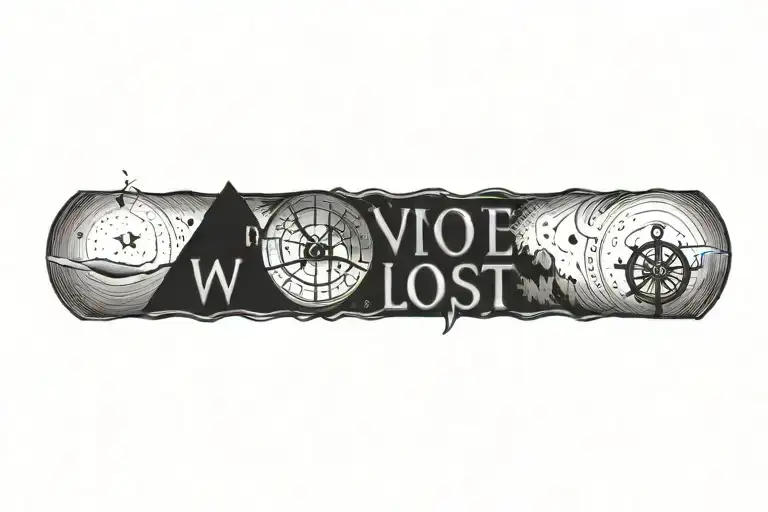  The quote;**"Not all who wander are lost"** surrounded by a compass, rose, waves, mountains and travel icons. tattoo design idea