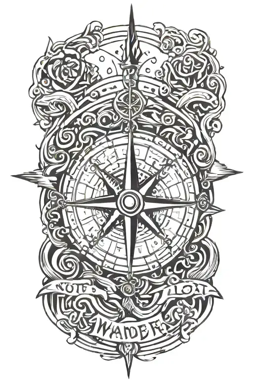  The quote;**"Not all who wander are lost"** surrounded by a compass, rose, waves, mountains and travel icons. tattoo design idea