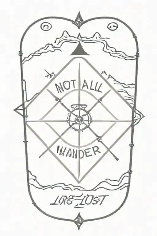  The quote;**"Not all who wander are lost"** surrounded by a compass, rose, waves, mountains and travel icons. tattoo design idea