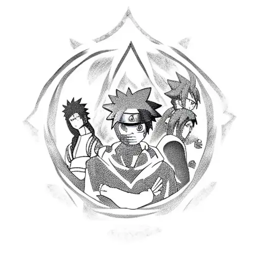 A Naruto-inspired tattoo featuring the main characters in a blackwork style tattoo design idea