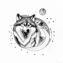 A wolf howling at the moon in a mesmerizing dotwork style tattoo design idea