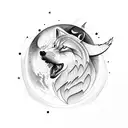 A wolf howling at the moon in a mesmerizing dotwork style tattoo design idea