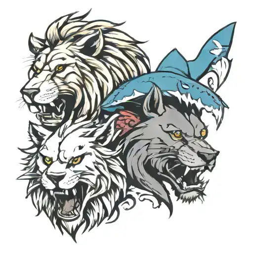 lion, shark and wolf head tattoo design idea