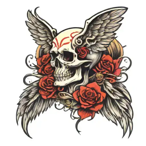 back tattoo with half skull half face and wings tattoo design idea