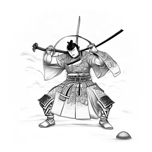 A fierce samurai warrior protecting a group of innocent virgins tattoo design idea