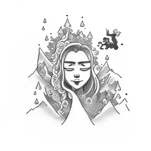 A dotwork tattoo depicting a serene waterfall flowing through a lush countryside, with a ninja meditating nearby to protect its beauty tattoo design idea