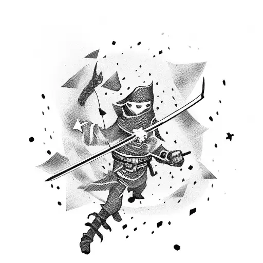A ninja stealthily wielding a katana while surrounded by falling throwing stars tattoo design idea