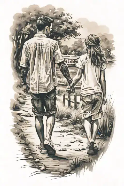 Older brother and younger sister holding hands and walking tattoo design idea