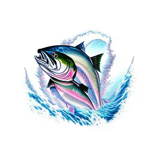 jumping rainbow salmon in waterfall spiritual background  tattoo design idea