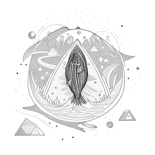 jumping salmon in waterfall with space and geometric background  tattoo design idea
