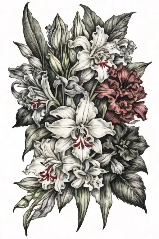 Gladiolus, Poppies,  carnations and snowdrops  tattoo design idea