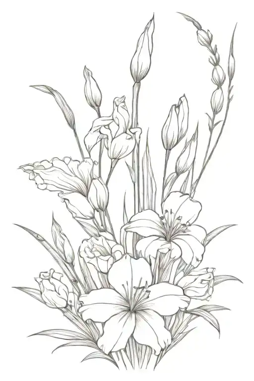 Gladiolus, Poppies,  carnations and snowdrops  tattoo design idea