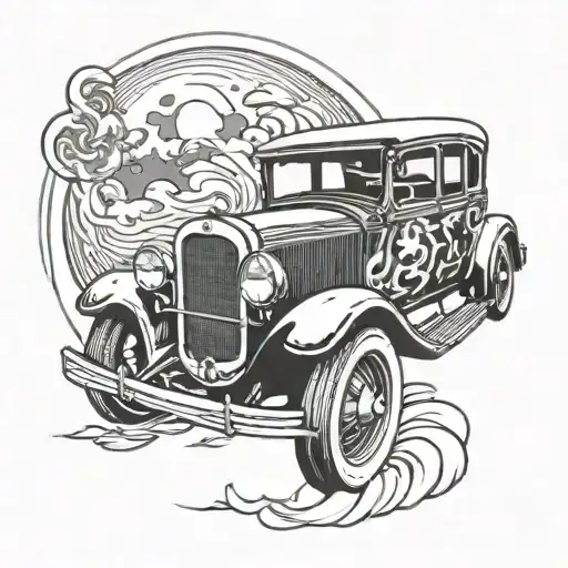 old fashioned car with a full moon surrounded tattoo design idea