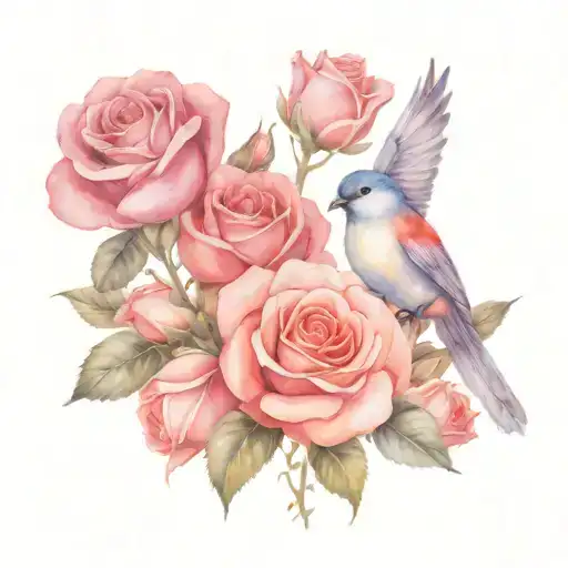 Red Roses and Love Birds tattoo design idea