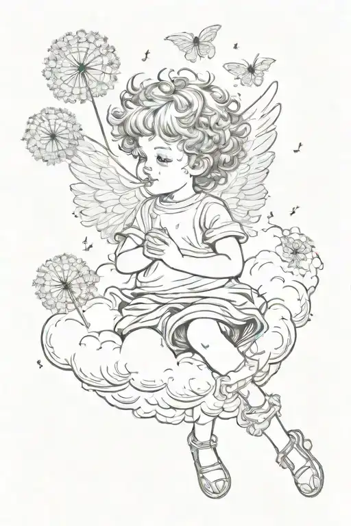 a little angel sits on a cloud and blows on a dandelion, children's names and dates of birth fly out of the fluffs tattoo design idea