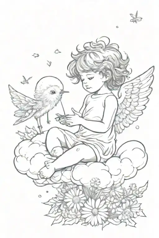 a little angel sits on a cloud and blows on a dandelion, children's names and dates of birth fly out of the fluffs tattoo design idea