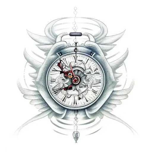 angels with broken clock tattoo design idea
