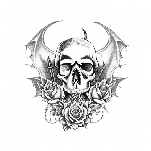 skull and roses and dagger and dragon tattoo design idea