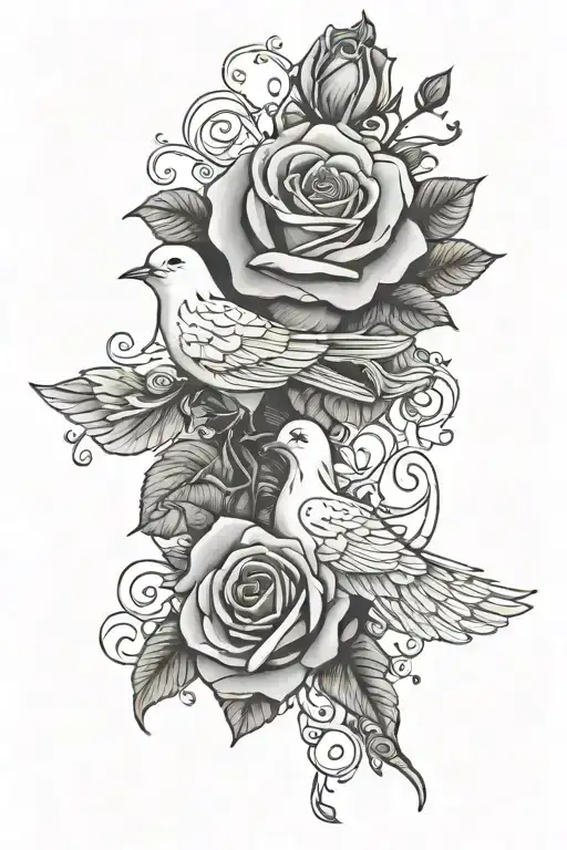 rose and dove with "amity" written  tattoo design idea