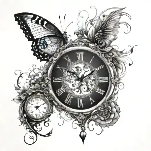 butterflies, peacock, clock inside tattoo design idea