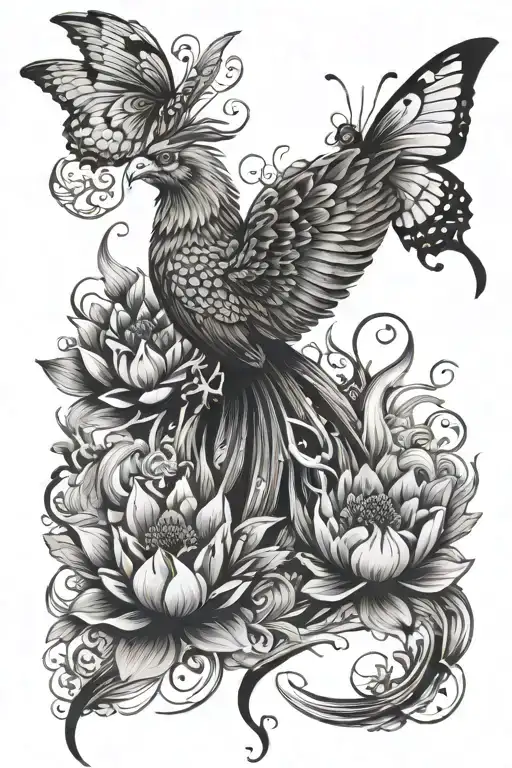 phoenix, butterflies, lotus, cloud background tattoo design idea
