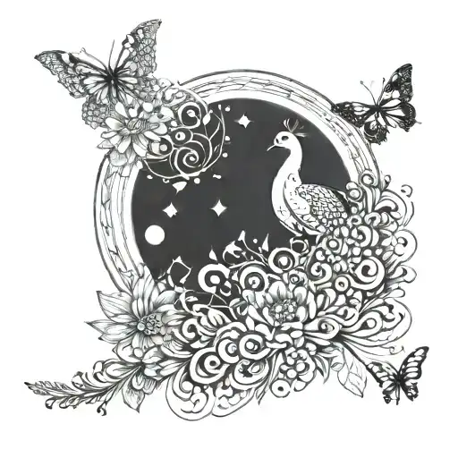 peacock, butterflies, the sun, the moon tattoo design idea