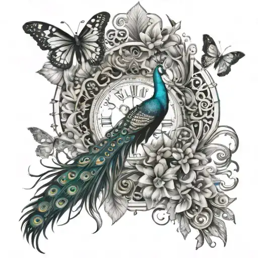 peacock, butterflies, roman numerals tattoo design idea
