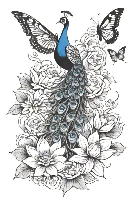 peacock, butterflies , lotus, cloud filled tattoo design idea
